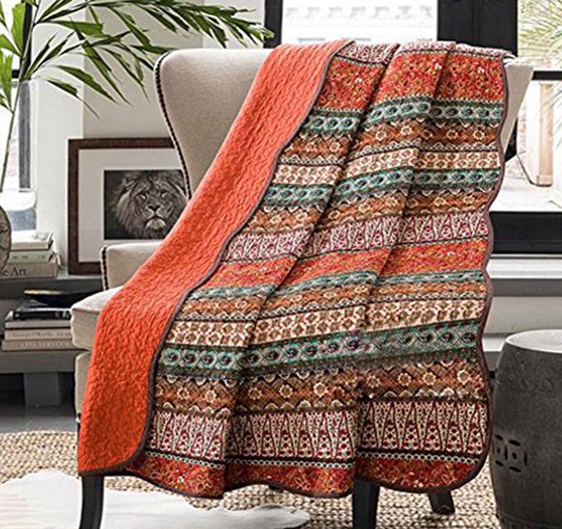 Cozyholy بطانية كوزي هولي بوهو بحجم توين 100% قطن مزخرفة ملونة بتصميم بوهو مخطط غطاء سرير قابل للعكس خفيف الوزن خياطة عتيقة غطاء سرير بطانية رمي للأريكة باللون البرتقالي - Image 1